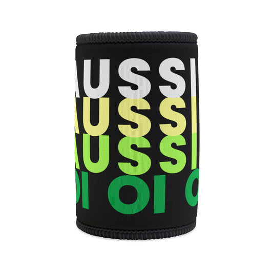 AUSSIE OI (WHT, YELLOW, GRN) BLACK STUBBY COOLER